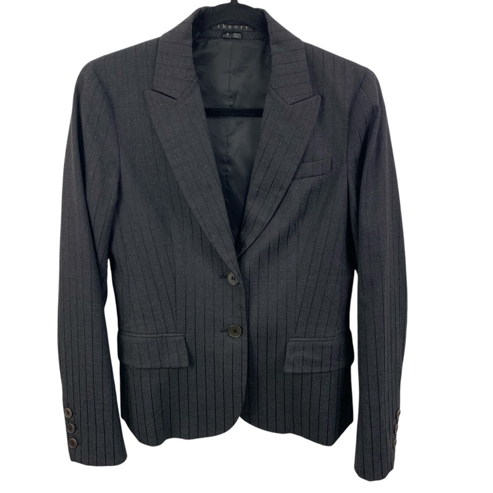 Theory sz 8 Dark Grey Pinstripe Wool Blend Stretch Women's Blazer Career Classic